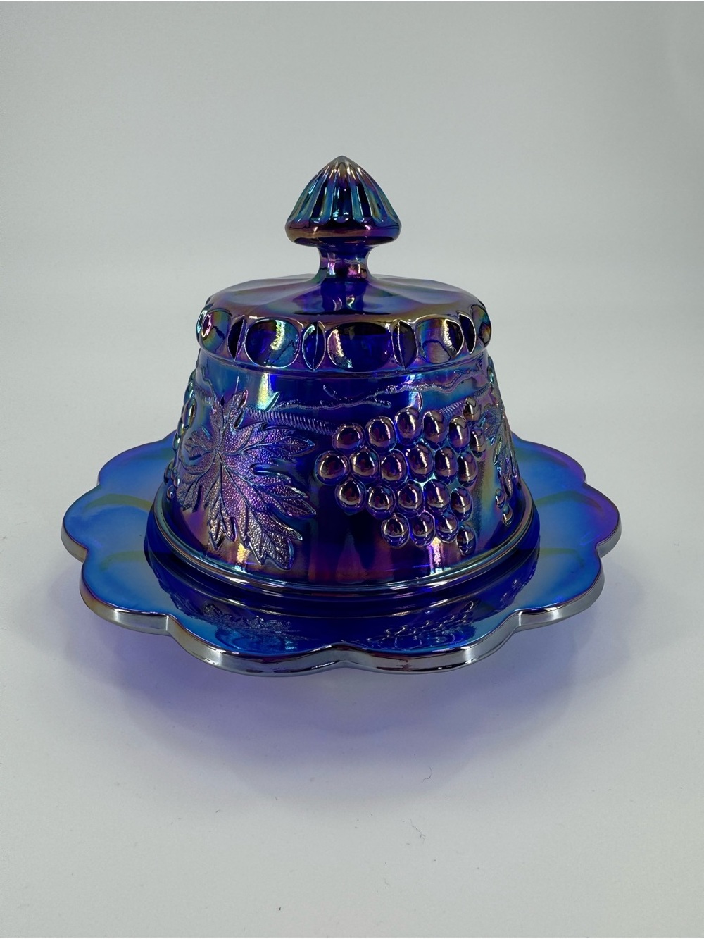 Vintage Mosser Blue Carnival Glass Grape and Cable Covered Butter Dish Lid Base